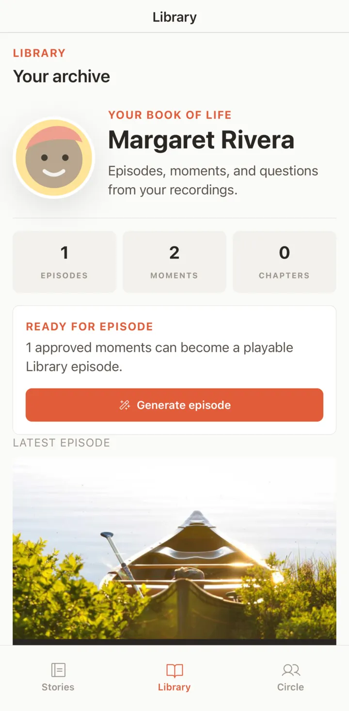 Ailifestory: the Library screen showing a storyteller's archive of episodes and moments.