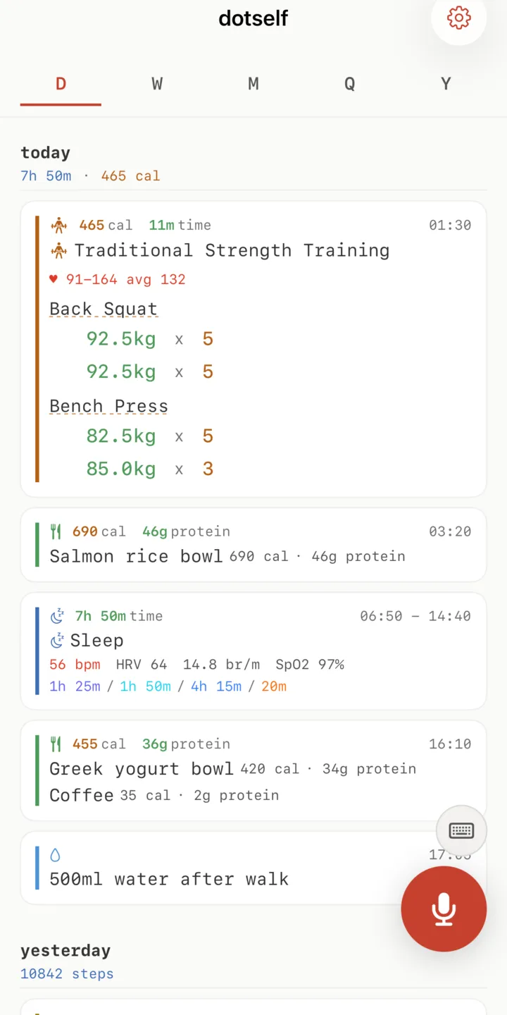 dotself: the daily timeline showing workouts, meals and sleep as dense typed entries.